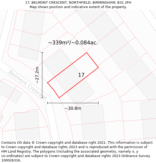 17, BELMONT CRESCENT, NORTHFIELD, BIRMINGHAM, B31 2FH: Plot and title map