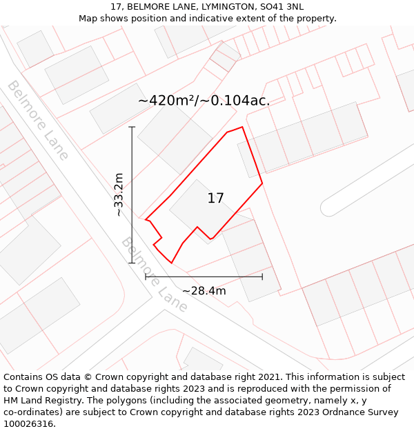 17, BELMORE LANE, LYMINGTON, SO41 3NL: Plot and title map