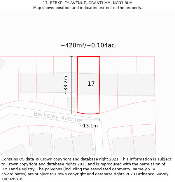 17, BERKELEY AVENUE, GRANTHAM, NG31 8UA: Plot and title map