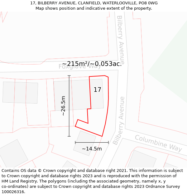 17, BILBERRY AVENUE, CLANFIELD, WATERLOOVILLE, PO8 0WG: Plot and title map