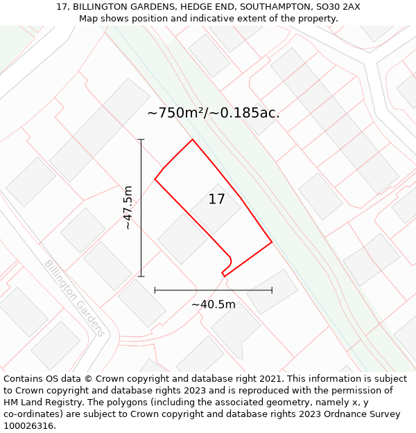 17, BILLINGTON GARDENS, HEDGE END, SOUTHAMPTON, SO30 2AX: Plot and title map