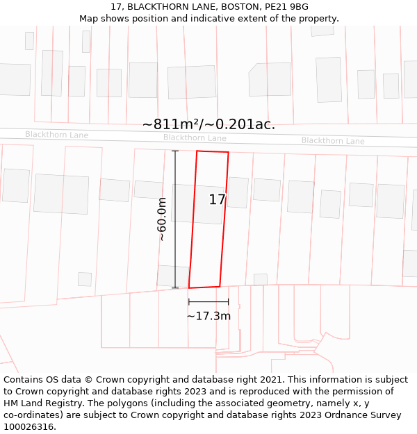 17, BLACKTHORN LANE, BOSTON, PE21 9BG: Plot and title map