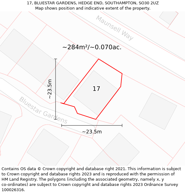 17, BLUESTAR GARDENS, HEDGE END, SOUTHAMPTON, SO30 2UZ: Plot and title map