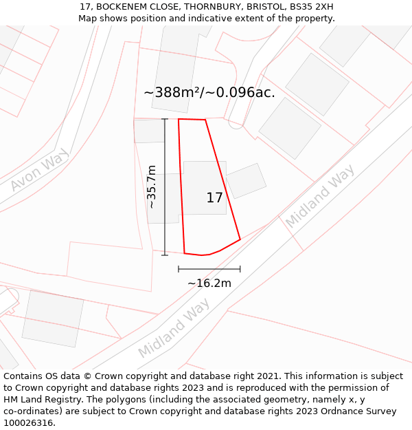 17, BOCKENEM CLOSE, THORNBURY, BRISTOL, BS35 2XH: Plot and title map