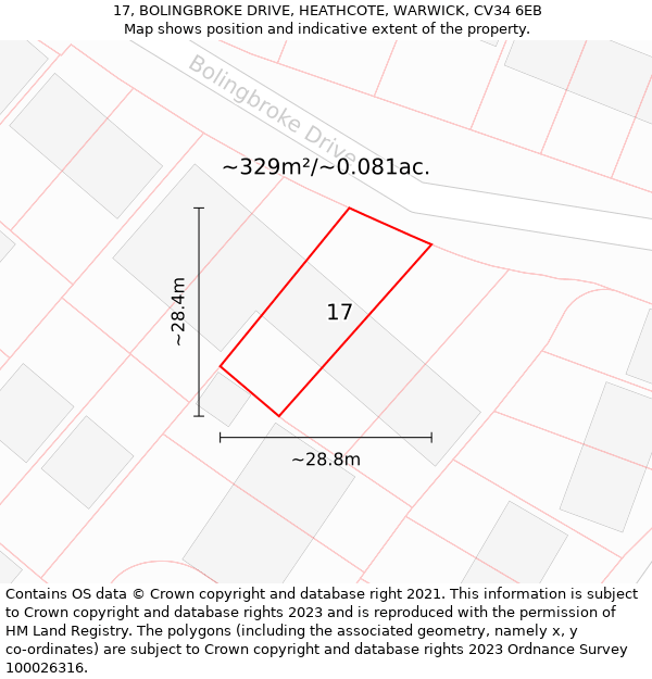 17, BOLINGBROKE DRIVE, HEATHCOTE, WARWICK, CV34 6EB: Plot and title map