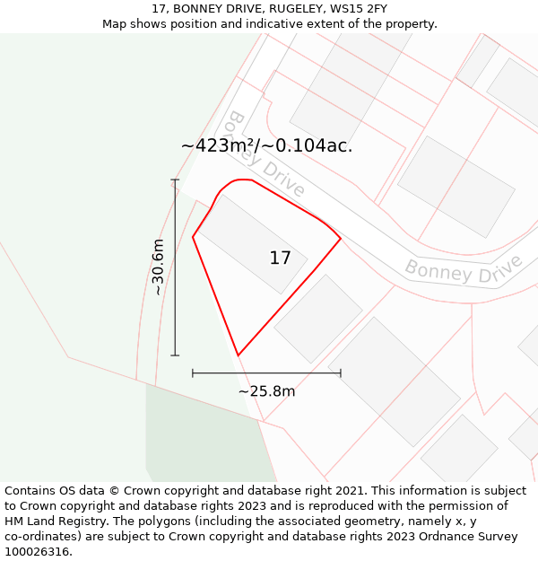 17, BONNEY DRIVE, RUGELEY, WS15 2FY: Plot and title map