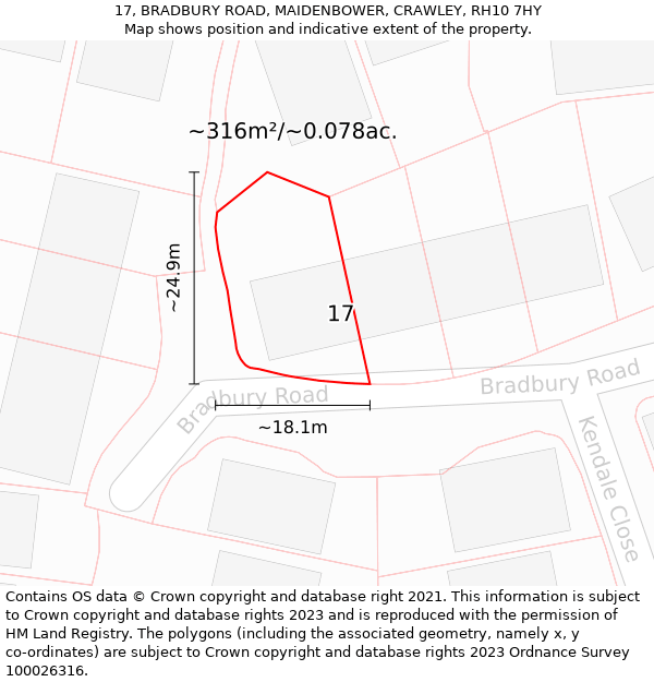 17, BRADBURY ROAD, MAIDENBOWER, CRAWLEY, RH10 7HY: Plot and title map