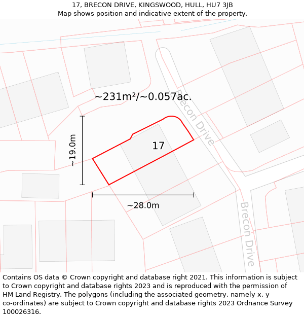 17, BRECON DRIVE, KINGSWOOD, HULL, HU7 3JB: Plot and title map