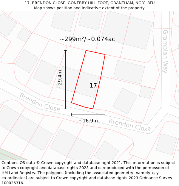 17, BRENDON CLOSE, GONERBY HILL FOOT, GRANTHAM, NG31 8FU: Plot and title map