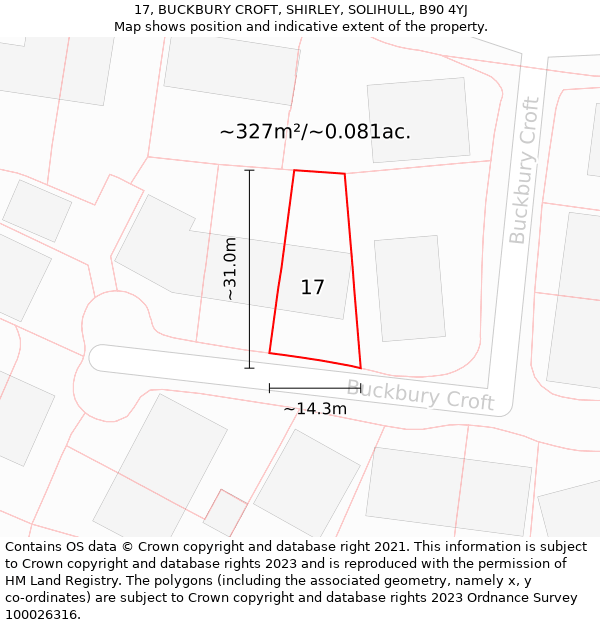 17, BUCKBURY CROFT, SHIRLEY, SOLIHULL, B90 4YJ: Plot and title map