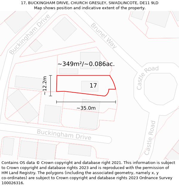 17, BUCKINGHAM DRIVE, CHURCH GRESLEY, SWADLINCOTE, DE11 9LD: Plot and title map