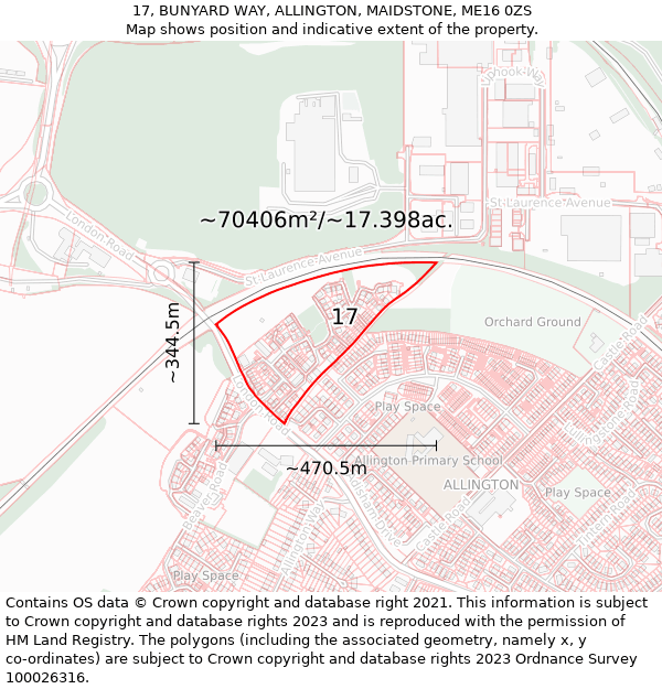 17, BUNYARD WAY, ALLINGTON, MAIDSTONE, ME16 0ZS: Plot and title map