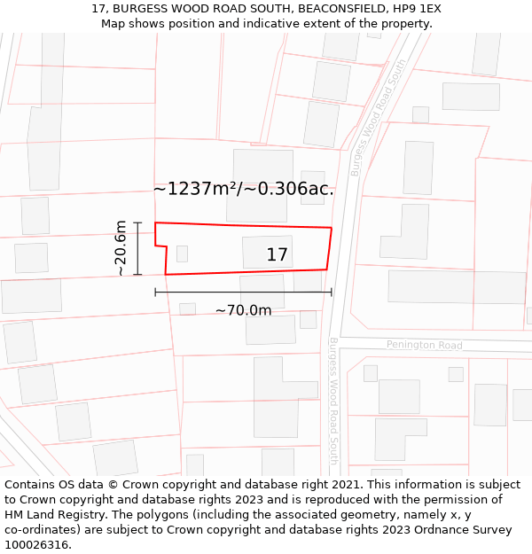 17, BURGESS WOOD ROAD SOUTH, BEACONSFIELD, HP9 1EX: Plot and title map