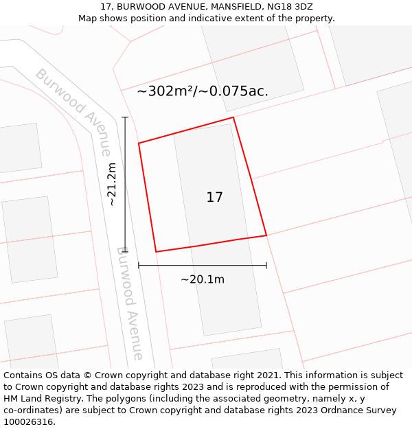 17, BURWOOD AVENUE, MANSFIELD, NG18 3DZ: Plot and title map