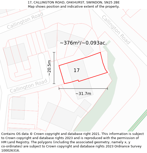 17, CALLINGTON ROAD, OAKHURST, SWINDON, SN25 2BE: Plot and title map