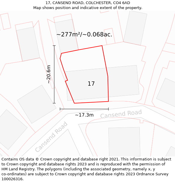 17, CANSEND ROAD, COLCHESTER, CO4 6AD: Plot and title map