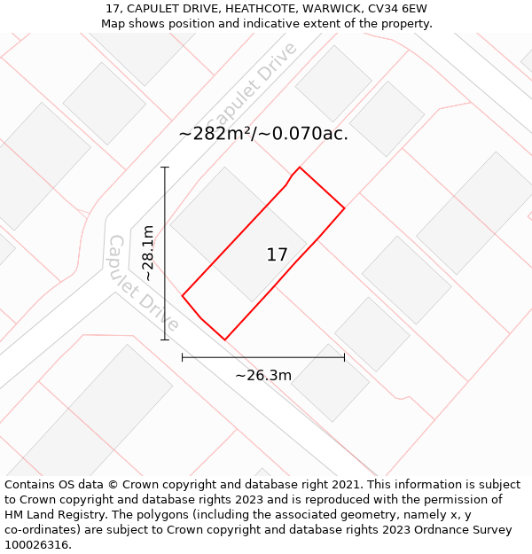 17, CAPULET DRIVE, HEATHCOTE, WARWICK, CV34 6EW: Plot and title map