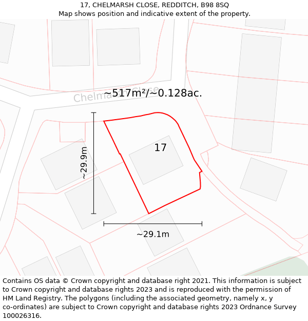 17, CHELMARSH CLOSE, REDDITCH, B98 8SQ: Plot and title map