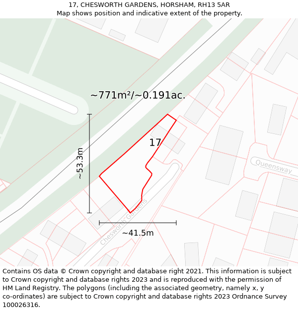 17, CHESWORTH GARDENS, HORSHAM, RH13 5AR: Plot and title map