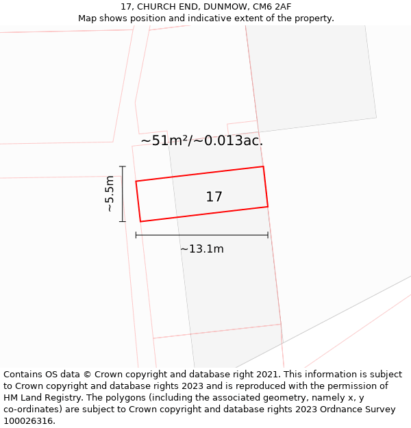 17, CHURCH END, DUNMOW, CM6 2AF: Plot and title map