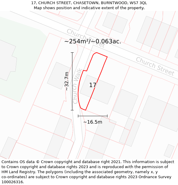 17, CHURCH STREET, CHASETOWN, BURNTWOOD, WS7 3QL: Plot and title map