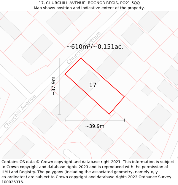 17, CHURCHILL AVENUE, BOGNOR REGIS, PO21 5QQ: Plot and title map