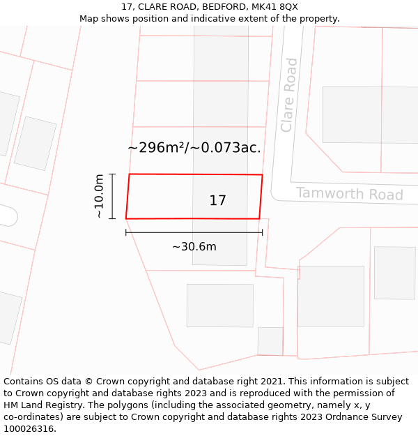 17, CLARE ROAD, BEDFORD, MK41 8QX: Plot and title map