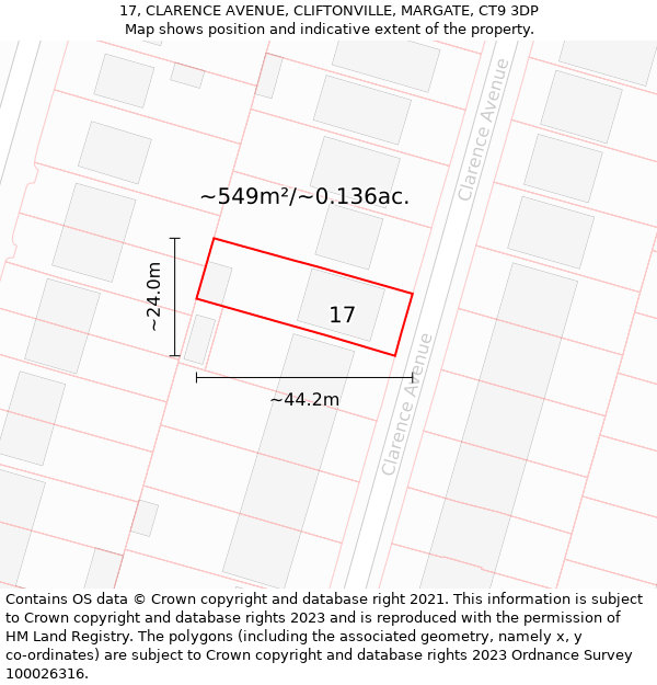 17, CLARENCE AVENUE, CLIFTONVILLE, MARGATE, CT9 3DP: Plot and title map