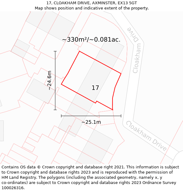 17, CLOAKHAM DRIVE, AXMINSTER, EX13 5GT: Plot and title map