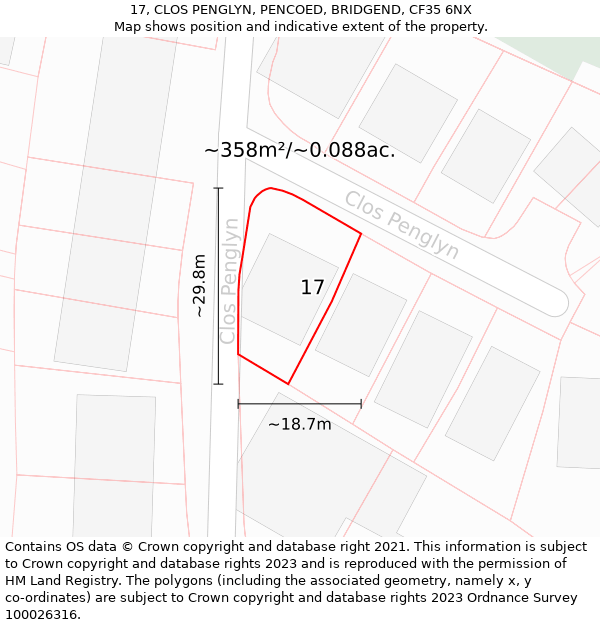 17, CLOS PENGLYN, PENCOED, BRIDGEND, CF35 6NX: Plot and title map