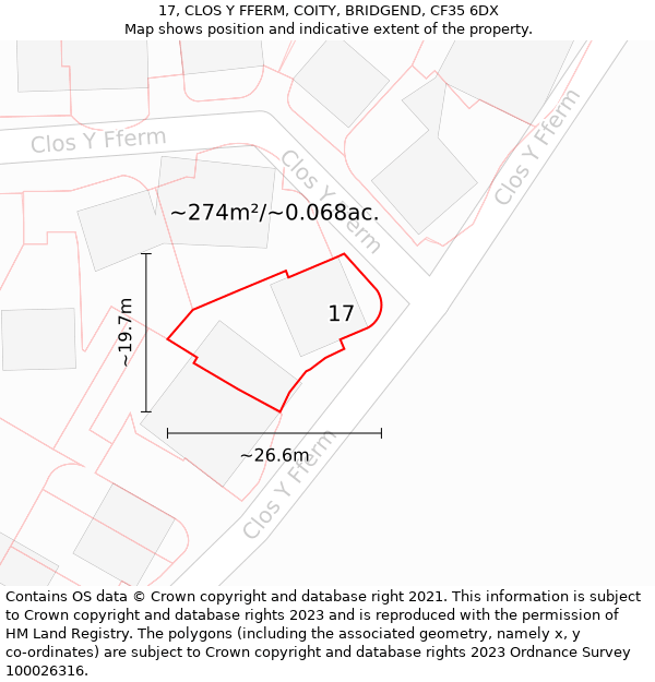 17, CLOS Y FFERM, COITY, BRIDGEND, CF35 6DX: Plot and title map