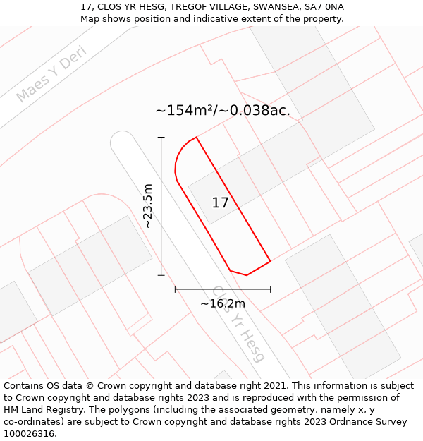 17, CLOS YR HESG, TREGOF VILLAGE, SWANSEA, SA7 0NA: Plot and title map