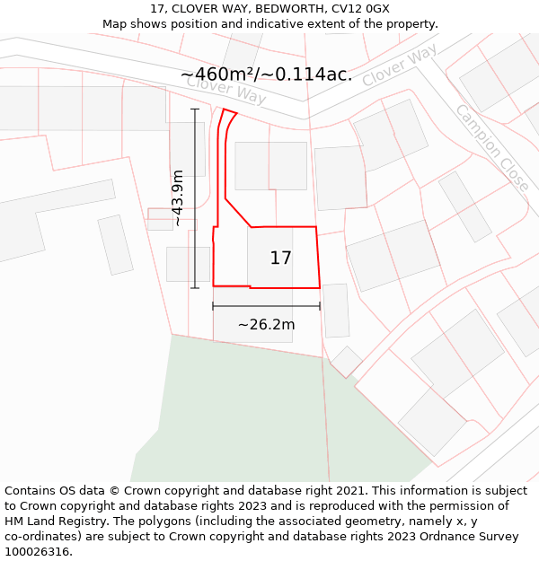 17, CLOVER WAY, BEDWORTH, CV12 0GX: Plot and title map