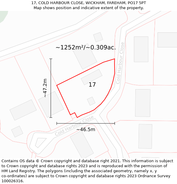 17, COLD HARBOUR CLOSE, WICKHAM, FAREHAM, PO17 5PT: Plot and title map