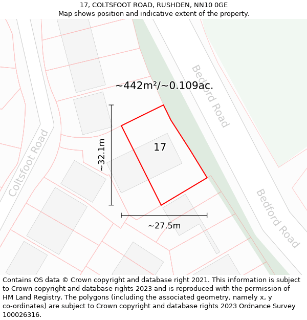 17, COLTSFOOT ROAD, RUSHDEN, NN10 0GE: Plot and title map