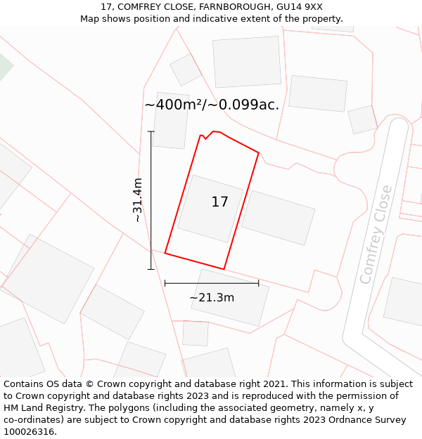 17, COMFREY CLOSE, FARNBOROUGH, GU14 9XX: Plot and title map