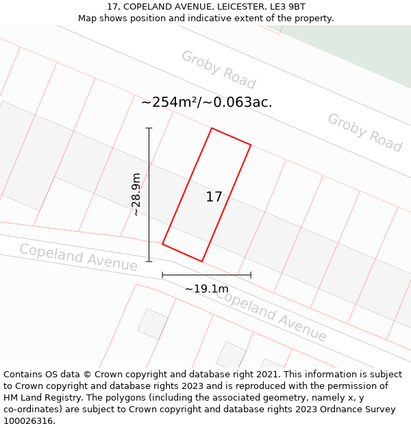 17, COPELAND AVENUE, LEICESTER, LE3 9BT: Plot and title map