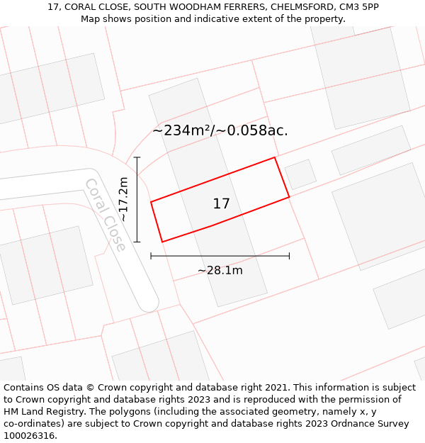 17, CORAL CLOSE, SOUTH WOODHAM FERRERS, CHELMSFORD, CM3 5PP: Plot and title map