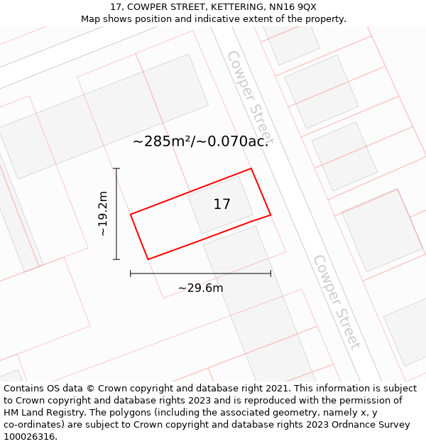 17, COWPER STREET, KETTERING, NN16 9QX: Plot and title map