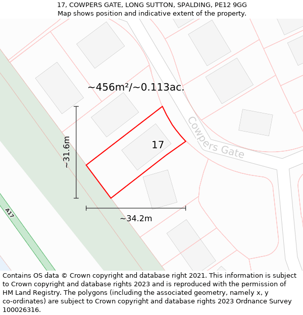 17, COWPERS GATE, LONG SUTTON, SPALDING, PE12 9GG: Plot and title map