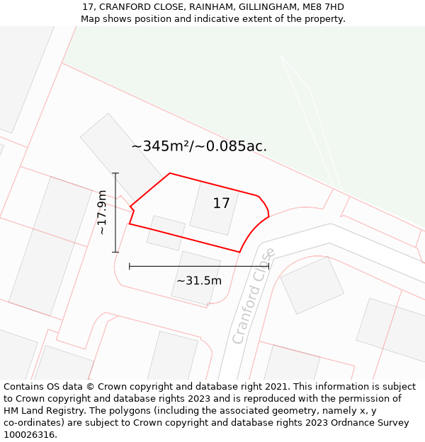 17, CRANFORD CLOSE, RAINHAM, GILLINGHAM, ME8 7HD: Plot and title map