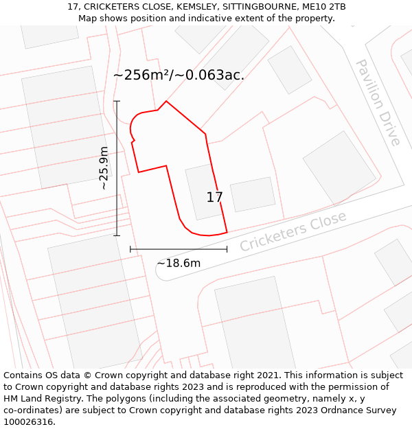 17, CRICKETERS CLOSE, KEMSLEY, SITTINGBOURNE, ME10 2TB: Plot and title map