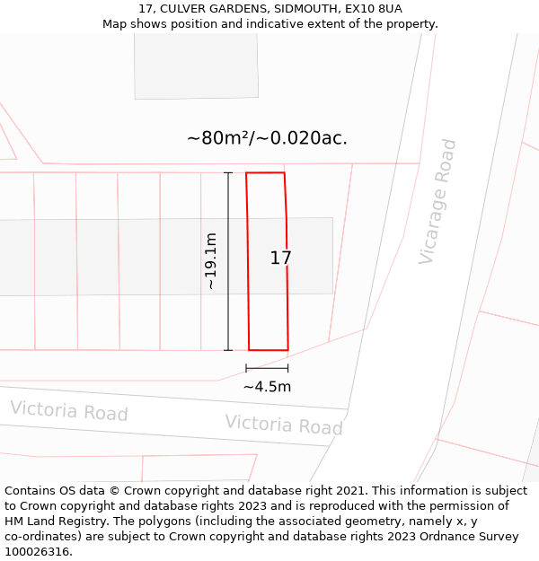 17, CULVER GARDENS, SIDMOUTH, EX10 8UA: Plot and title map