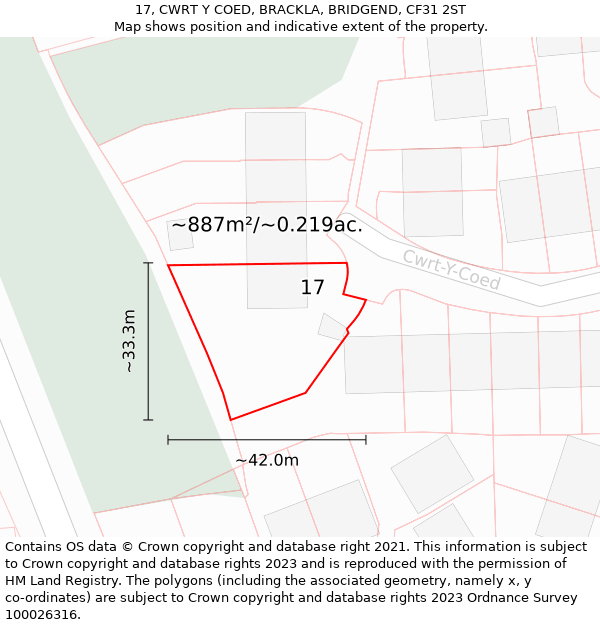 17, CWRT Y COED, BRACKLA, BRIDGEND, CF31 2ST: Plot and title map