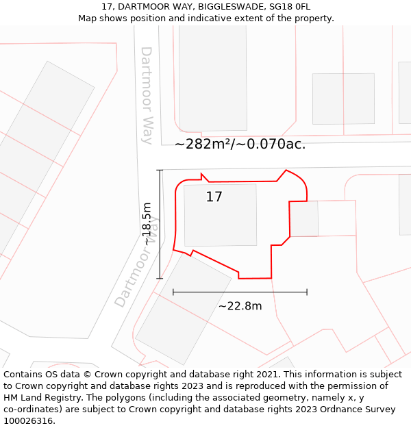 17, DARTMOOR WAY, BIGGLESWADE, SG18 0FL: Plot and title map