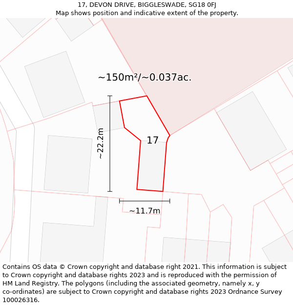 17, DEVON DRIVE, BIGGLESWADE, SG18 0FJ: Plot and title map