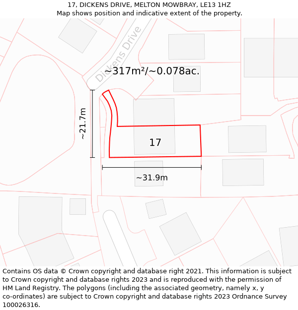 17, DICKENS DRIVE, MELTON MOWBRAY, LE13 1HZ: Plot and title map