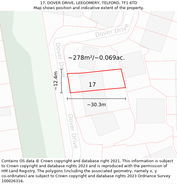 17, DOVER DRIVE, LEEGOMERY, TELFORD, TF1 6TD: Plot and title map