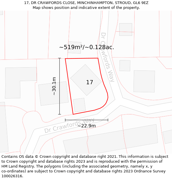17, DR CRAWFORDS CLOSE, MINCHINHAMPTON, STROUD, GL6 9EZ: Plot and title map