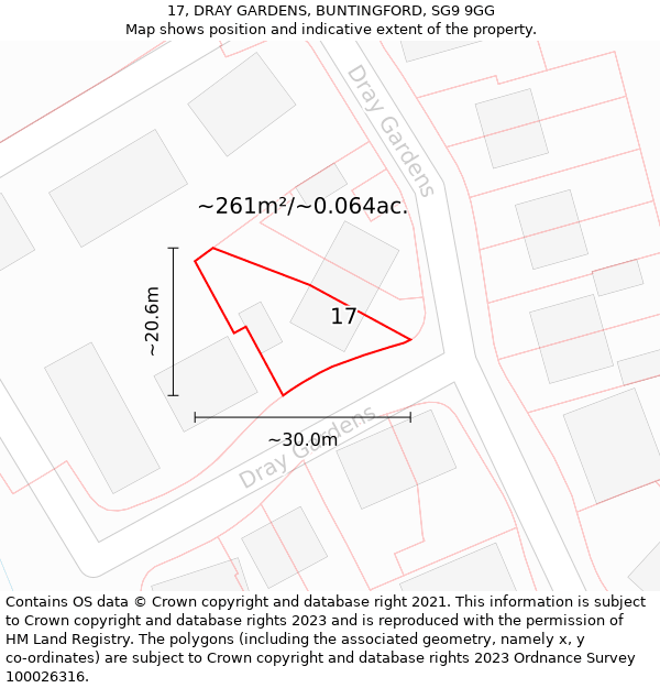 17, DRAY GARDENS, BUNTINGFORD, SG9 9GG: Plot and title map